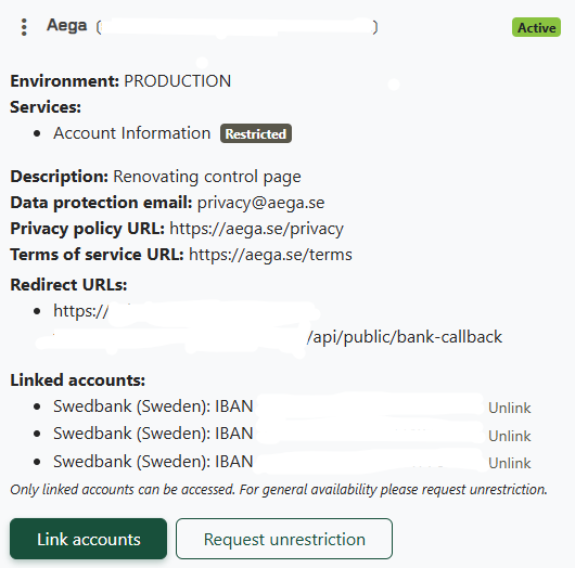 A registered Enable Banking application marked Active, showing environment, description, URLs, redirect URL and linked accounts