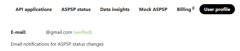 Enable Banking top navigation with API applications, ASPSP status, Data insights, Mock ASPSP, Billing and User profile tabs