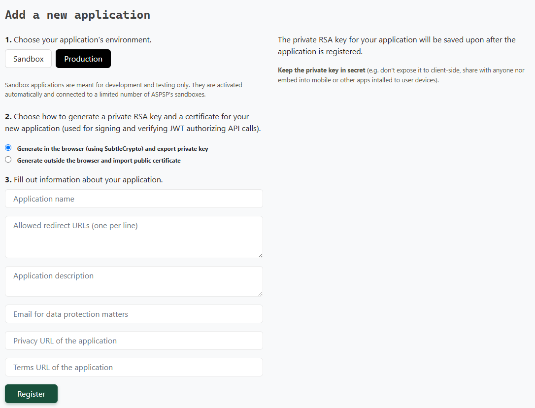Enable Banking 'Add a new application' page with environment choice, key generation options and the application details form