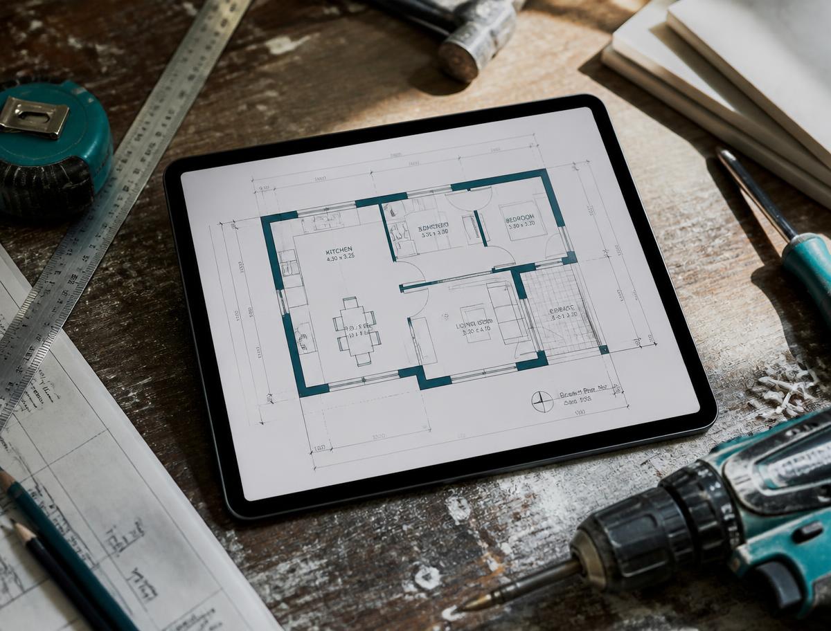 Floor plan with measurements shown on a tablet during a renovation