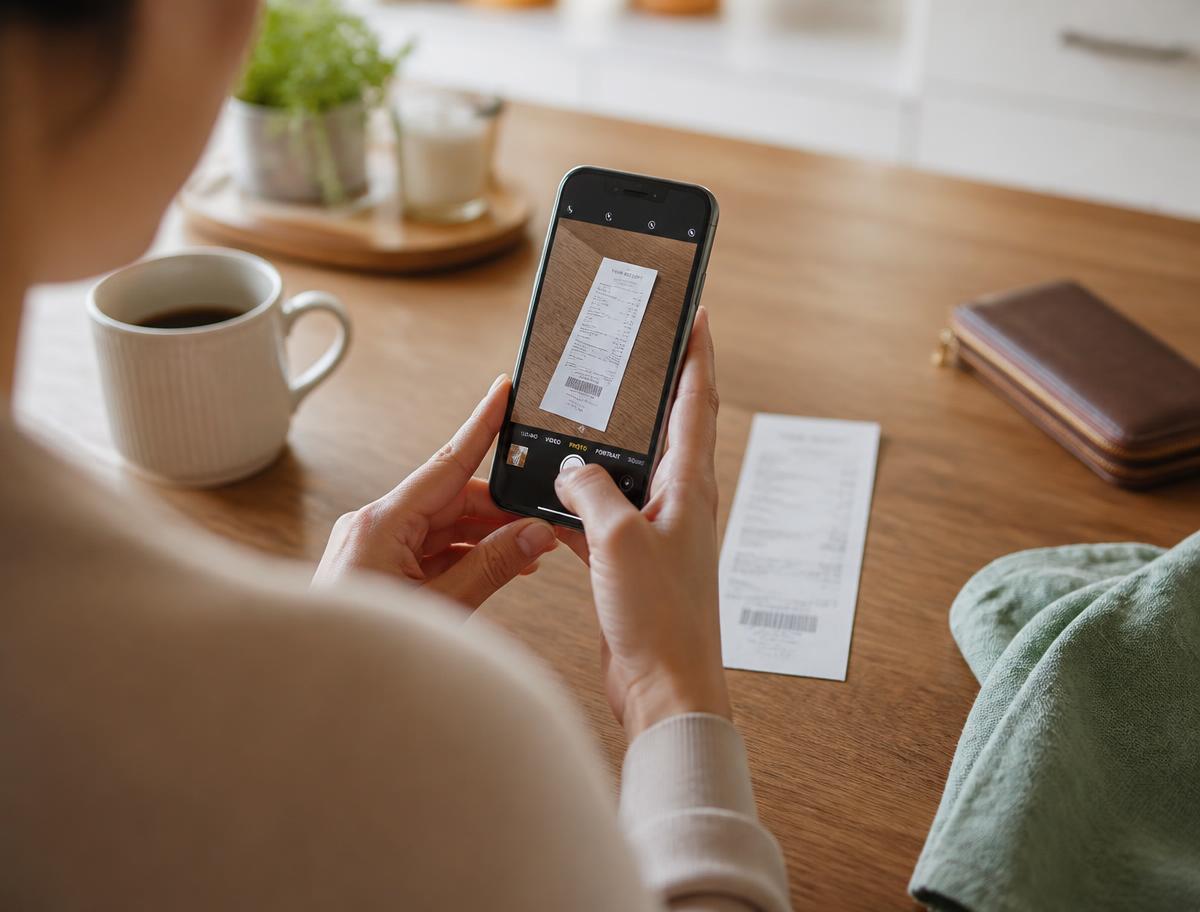 Scanning a paper receipt with a phone camera at the kitchen table